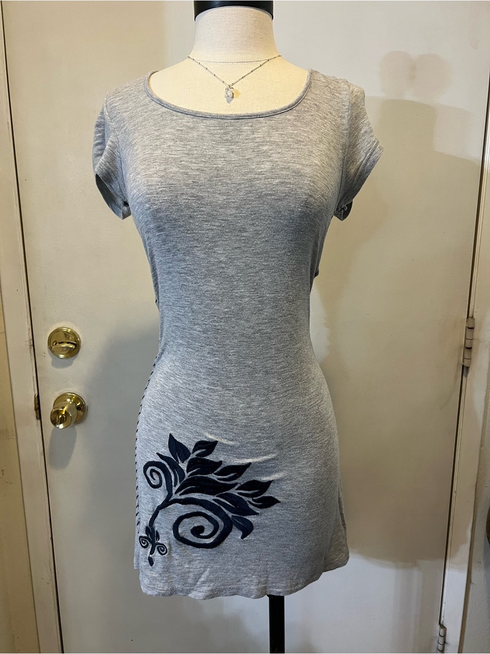 Women's Gray Mini Dress with Navy Embroidered Detail